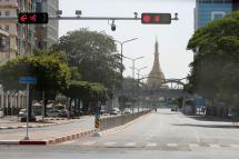 Nearly empty is the Sule pagoda road in downtown Yangon, Myanmar, 01 February 2022. Photo: EPA