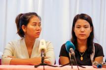 Pan Ei Mon (L) and Chit Su Win (R), wives of jailed Reuters journalists Wa Lone and Kyaw Soe Oo, during a press conference in Yangon, Myanmar, 04 September 2018. Photo: Lynn Bo Bo/EPA