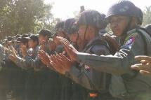 Police block the protesting students in Letpadan, Bago division on March 3, 2015. Photo: Min Min/Mizzima
