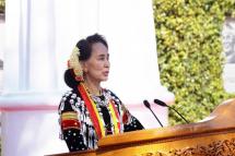 State Counsellor Aung San Suu Kyi speaks during the ceremony to mark the 73rd anniversary of Myanmar's Union Day in Panglong, Shan State. Photo: Shan Information Committee NLD