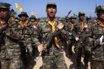 (File) Shan State Army - South (SSA-S) soldiers training at their headquarters in Loi Tai Leng, in Myanmar's northeastern Shan State. Photo: AFP