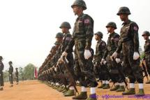 Soldiers from the Arakan Army line up for a drill. Photo: AA