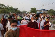 (File) Demonstrators march during an anti-military coup protest in Mandalay, Myanmar, 26 April 2021.  Photo: EPA