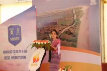 State Counsellor Aung San Suu Kyi delivers speech at the opening of Manaung Solar Plant. Photo: Myanmar State Counsellor Office