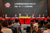 C. C. Wei (centre L), President and CEO of Taiwan Semiconductor Manufacturing Company (TSMC) and Executive Chairman Mark Liu (3rd R) attend a shareholders' meeting in Hsinchu on June 6, 2023. Photo: AFP