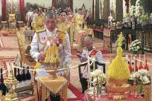 A handout photo made available by the Committee on Public Relations for the Coronation of King Rama X, shows Thai King Maha Vajiralongkorn Bodindradebayavarangkun (C) during the religious ceremony for the coronation inside the Royal palace in Bangkok, Thailand, 03 May 2019. Photo: EPA