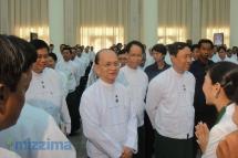 President Thein Sein (C) greets members of the Union Solidarity and Development Party during their first conference in Naypitaw on October 14, 2012. Photo: Mizzima
