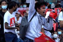 Zaw shouts during a protest. Photo: Padauk: Myanmar Spring)