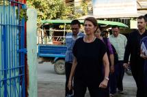 Christine Schraner Burgener (C), United Nations (UN) Special Envoy for Myanmar, visits a Hindu temple of Internally Displaced Persons (IDP) in Sittwe, Rakhine State, western Myanmar, 23 January 2019. Photo: Nyunt Win/EPA