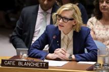 UNHCR Goodwill Ambassador Cate Blanchett addresses the United Nations Security Council on the situation in Myanmar at UN Headquarters in New York on August 28, 2018. Credit: UN Photo/Manuel Elias
