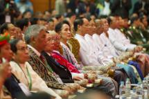 (File) Myanmar opposition leader Aung San Suu Kyi attends the opening ceremony of Union Peace Conference in MICC 2 at Nay Pyi Taw on January 12, 2016. Photo: Ye Aung Thu/AFP