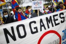 Tibetan demonstrators from across Europe marched from the IOC building in Lausanne to the Swiss city's Olympic Museum, a day before the 2022 Winter Games' opening ceremony in the Chinese capital. Photo: AFP