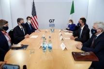 US Secretary of State Antony Blinken (2nd L) meets with Italian Foreign Minister Luigi Di Maio (2nd R) on the first day of the G7 foreign ministers summit in Liverpool, north-west England on December 11, 2021. (Photo by OLIVIER DOULIERY / POOL / AFP) 