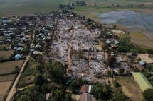 An aerial photo of burnt buildings from fires in Mingin Township, in Sagaing Division, where more than 105 buildings were destroyed by junta military troops, according to local media. Photo: AFP