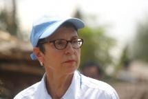 Ursula Mueller (C), Assistant Secretary-General for Humanitarian Affairs and Deputy Emergency Relief Coordinator of the United Nations Office for the Coordination of Humanitarian Affairs (OCHA), visits the Dar Pyi internally displacepersons (IDP) in Sittwe, Rakhine State, Myanmar, 13 May 2019. Photo: Nyunt Win/EPA