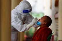 A medical worker takes a swab sample from a young Buddhist novice for a COVID-19 test. Photo: EPA