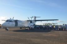 The maiden flight for the air route of the Yangon-Pathein-Yangon landed at Pathein Airport yesterday. Photo: MNA